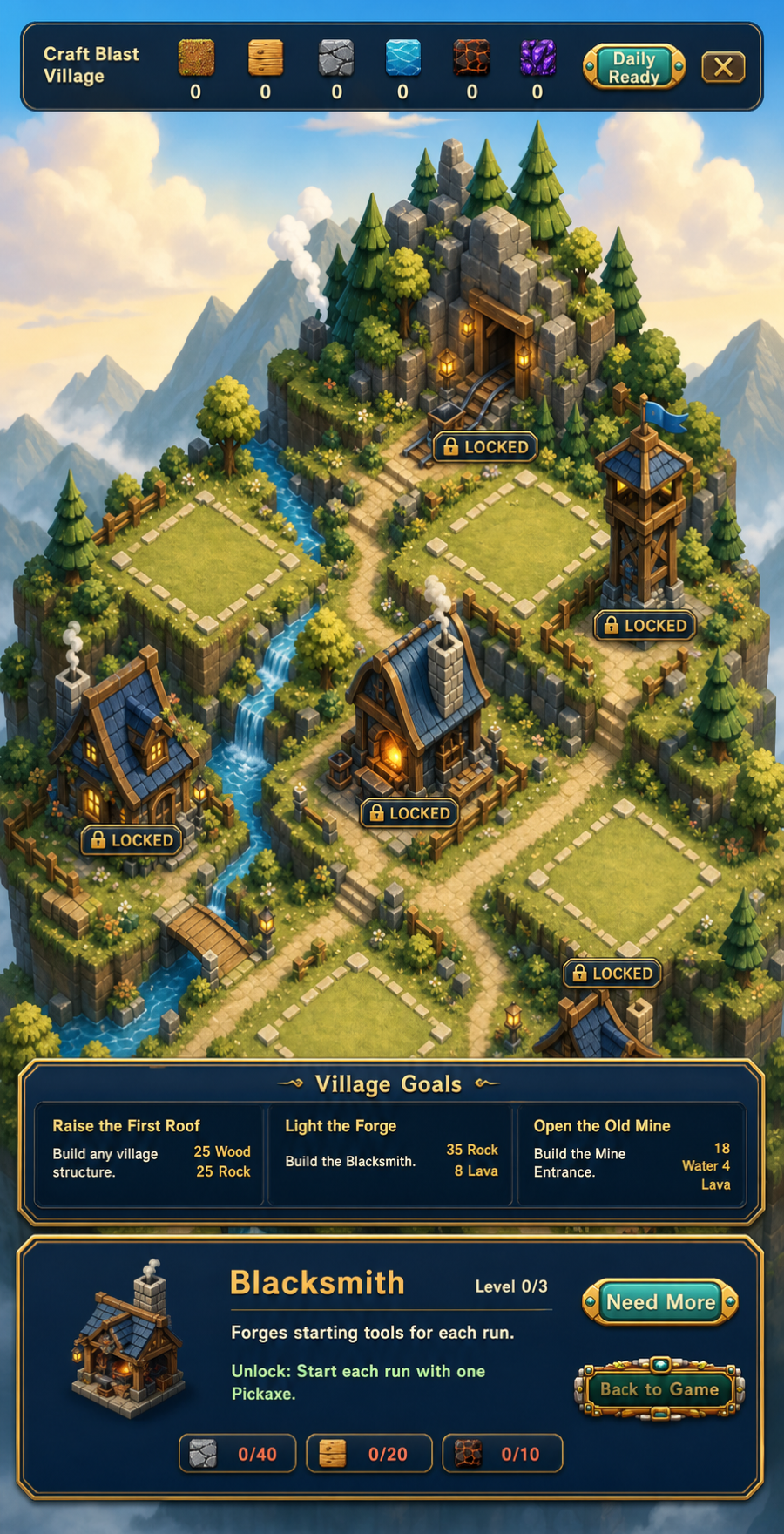 Craft Blast village view with goals and blacksmith