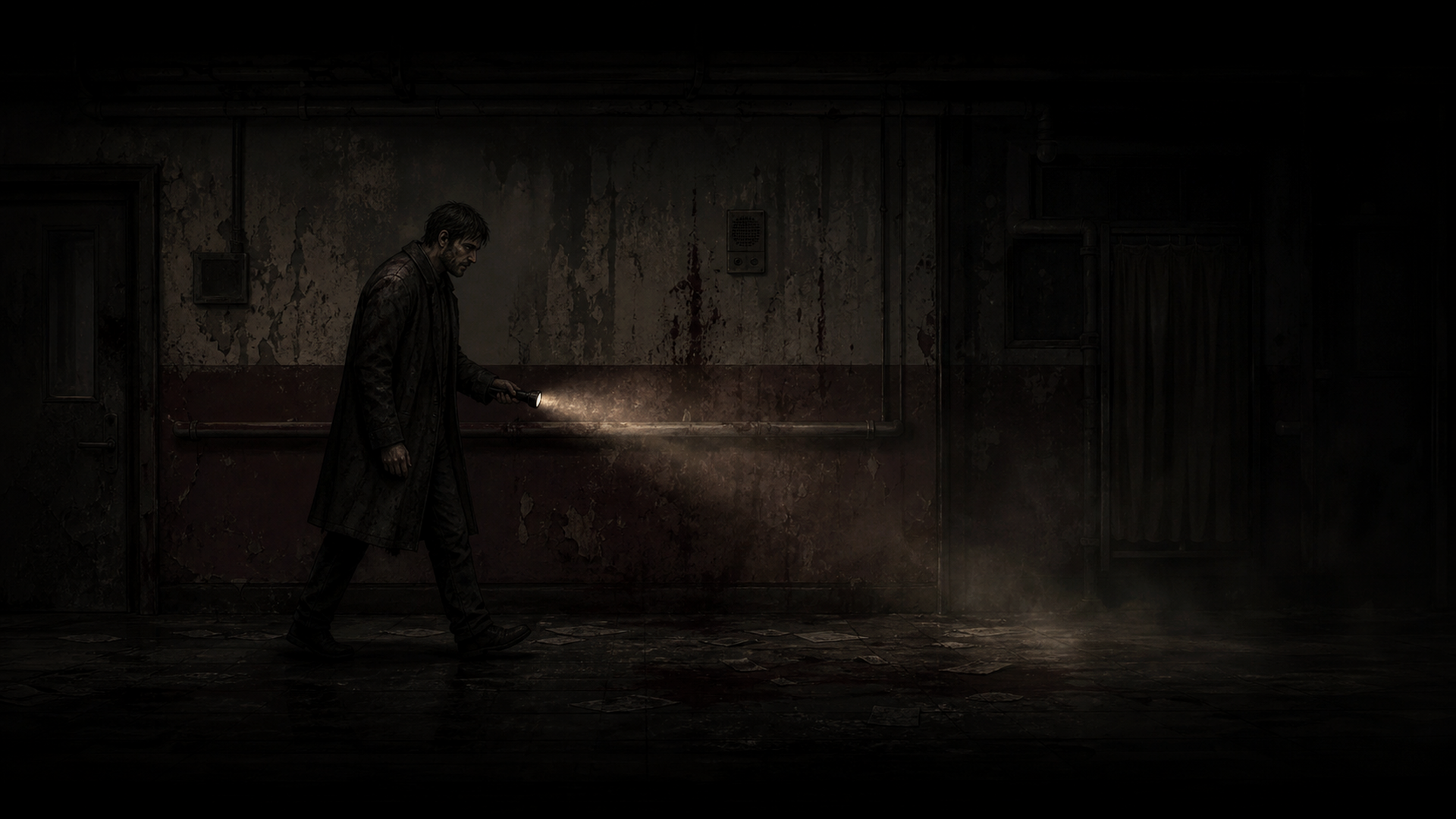 The Flood Ward, the husband walking a dark corridor by flashlight