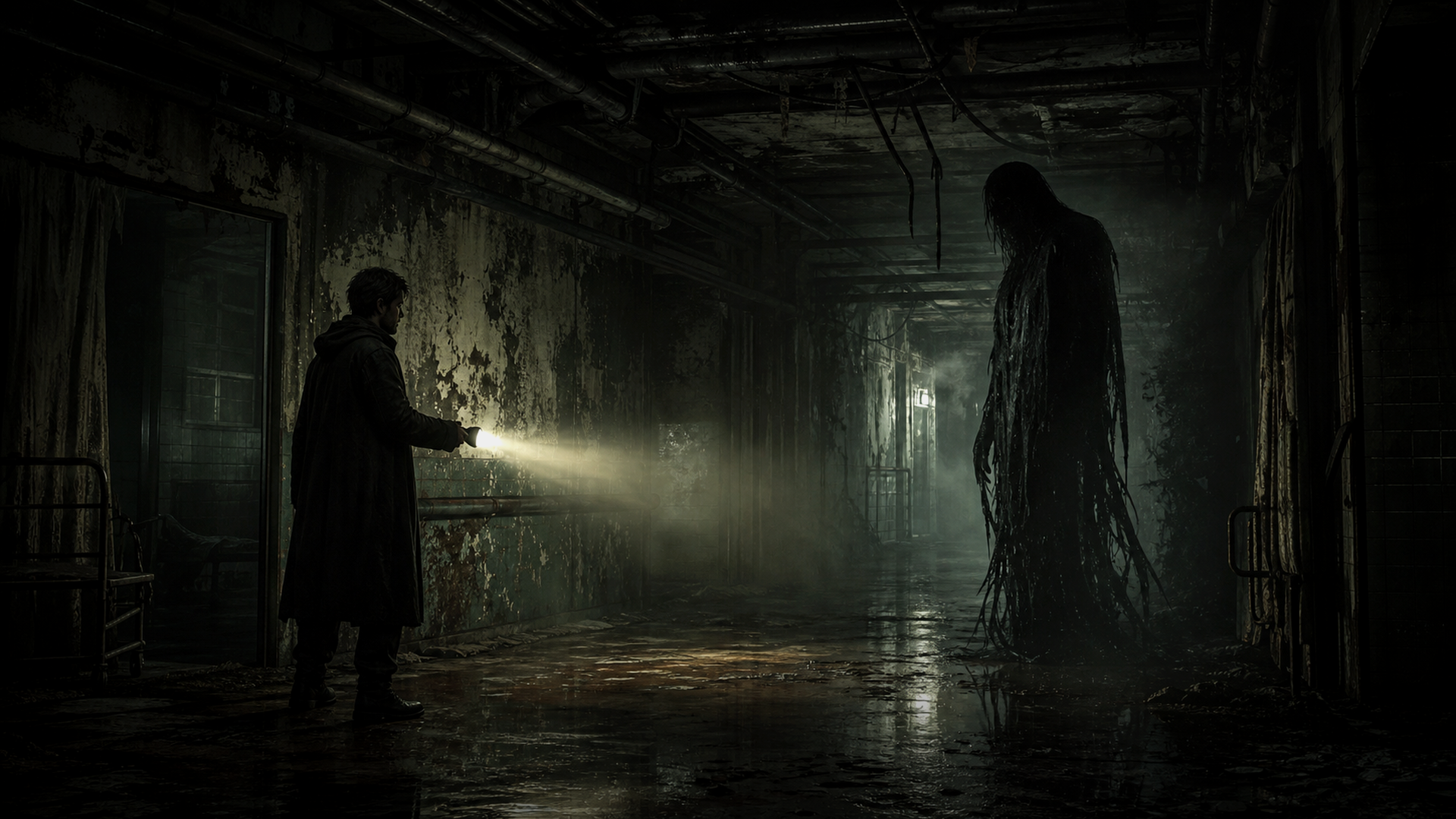 A corridor encounter with a towering shadow creature