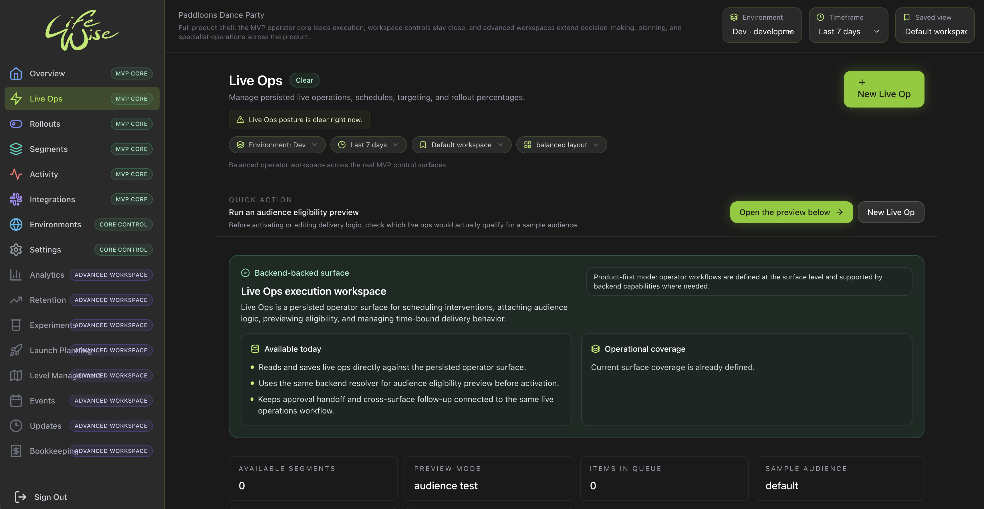 Lifewi.se Live Ops workspace