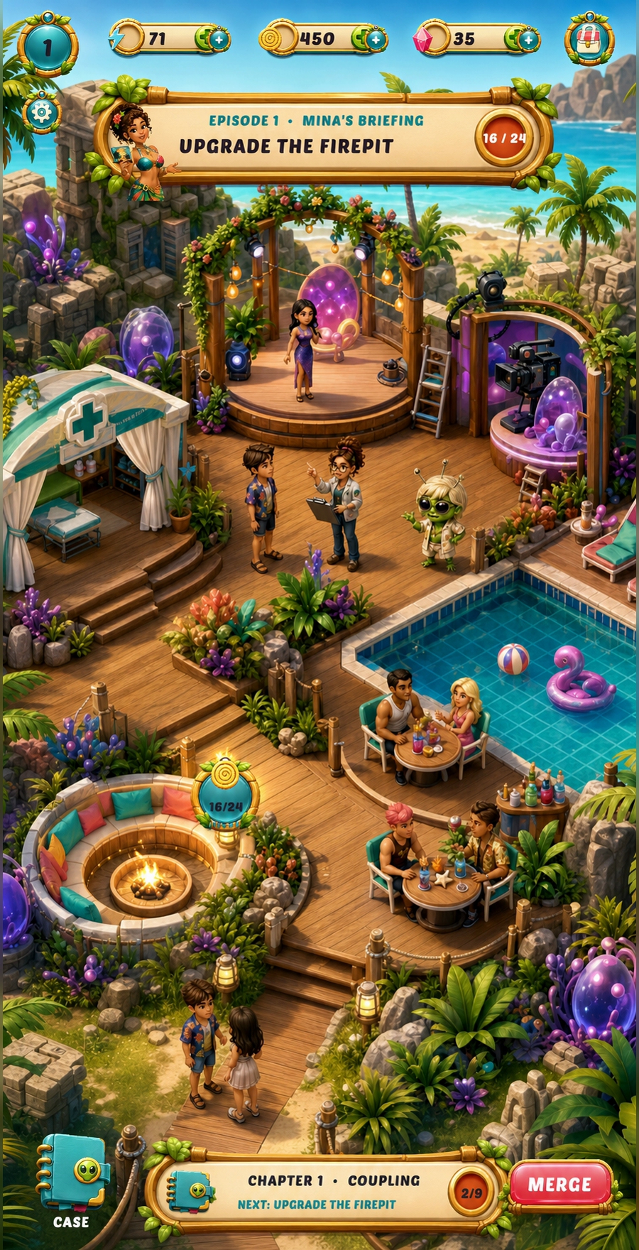 Parasite Island villa with contestants and firepit