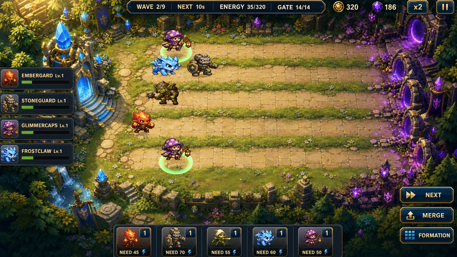 Tiny Titans lane-defense gameplay defending the Crystal Gate
