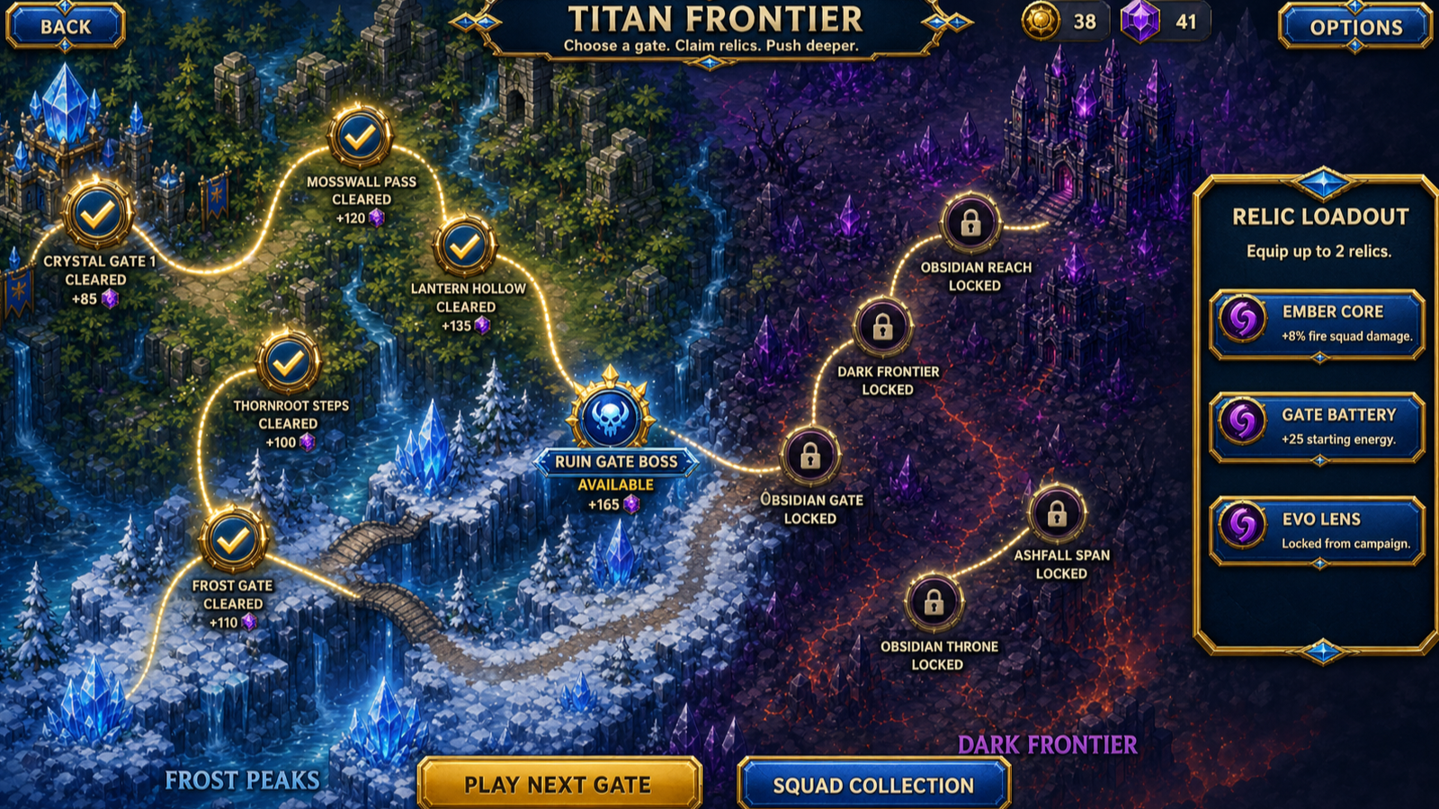 Tiny Titans Titan Frontier campaign map with gates and relic loadout