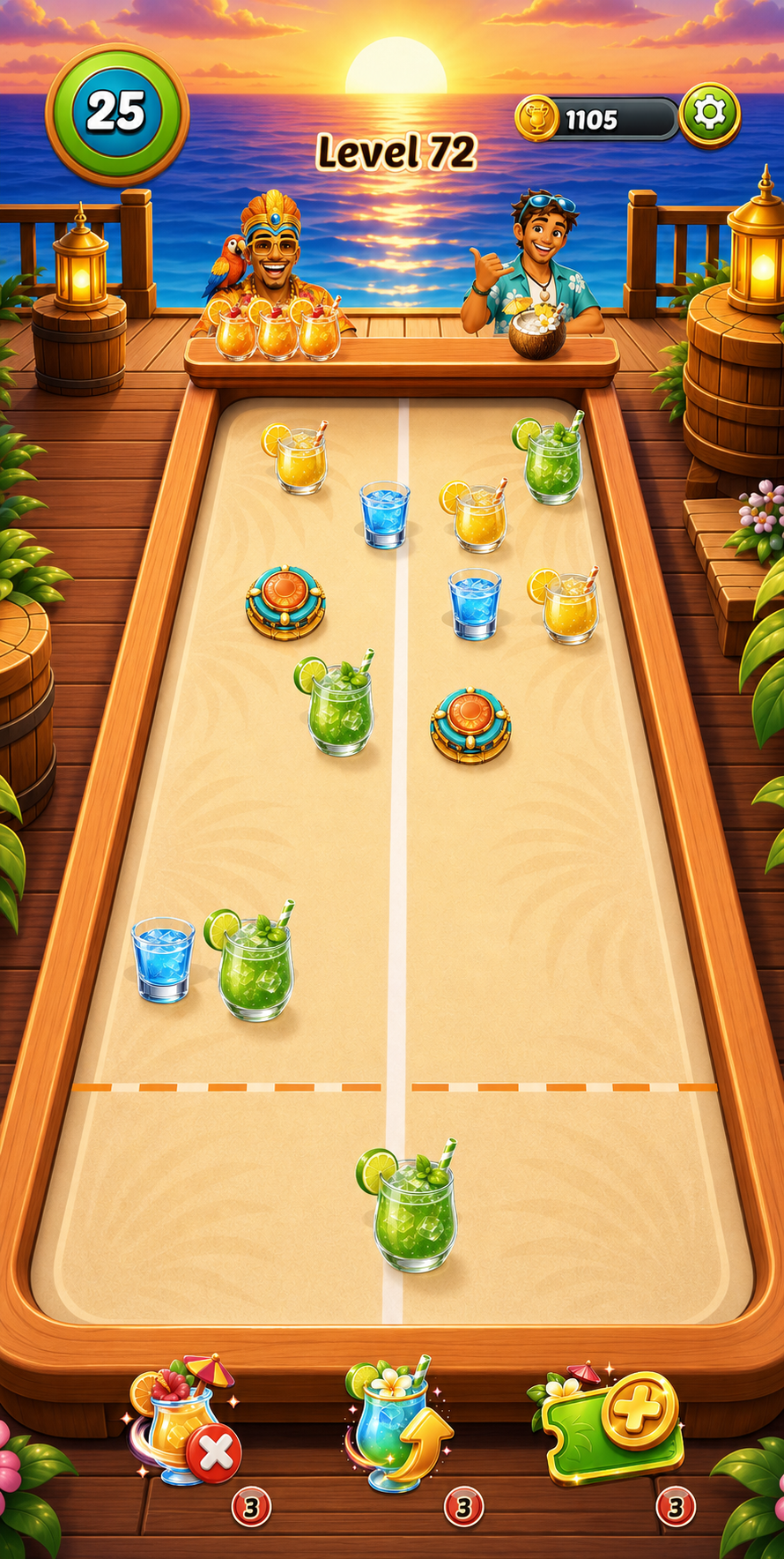 Tropical Merge Bar gameplay, merging drinks on a shuffleboard